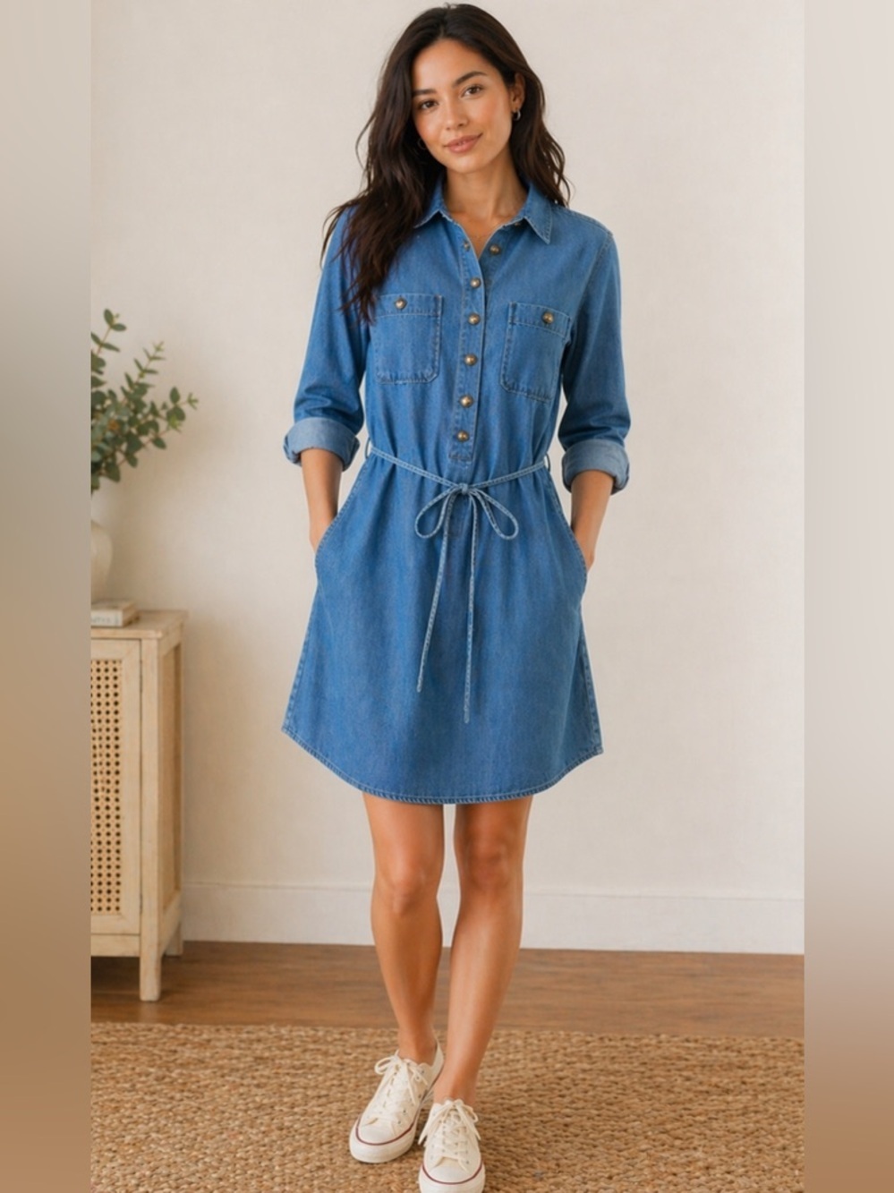 LOFT Blue Chambray Button-Front Dress Size-Medium Petite Effortless Chic